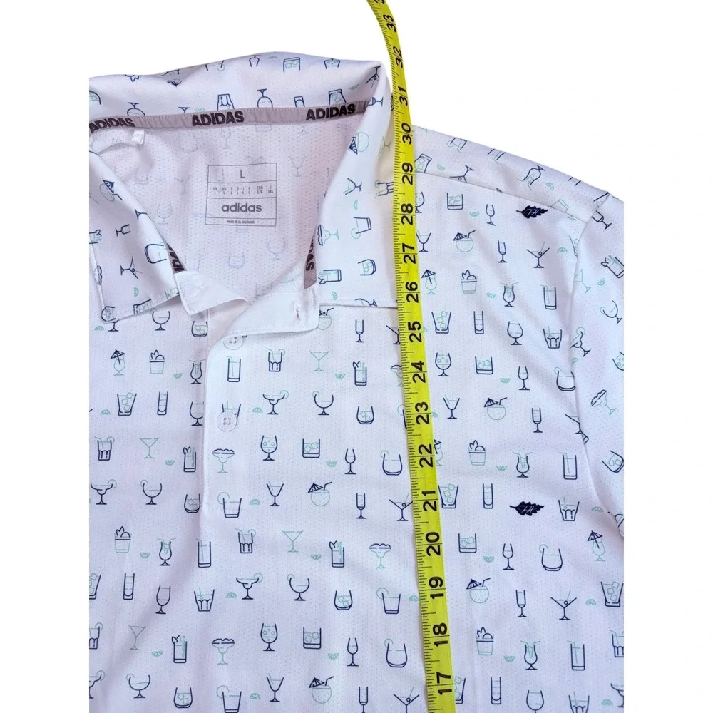 Adidas Golf Mens Large White Cocktail Drink Print Performance Polo Shirt Vaca